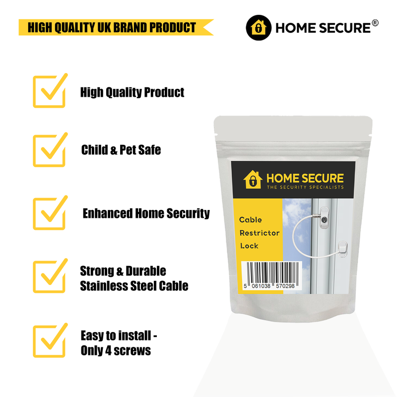 Home Secure™ Cable Restrictor Lock. Key locking Window Security & Safety Lock - White