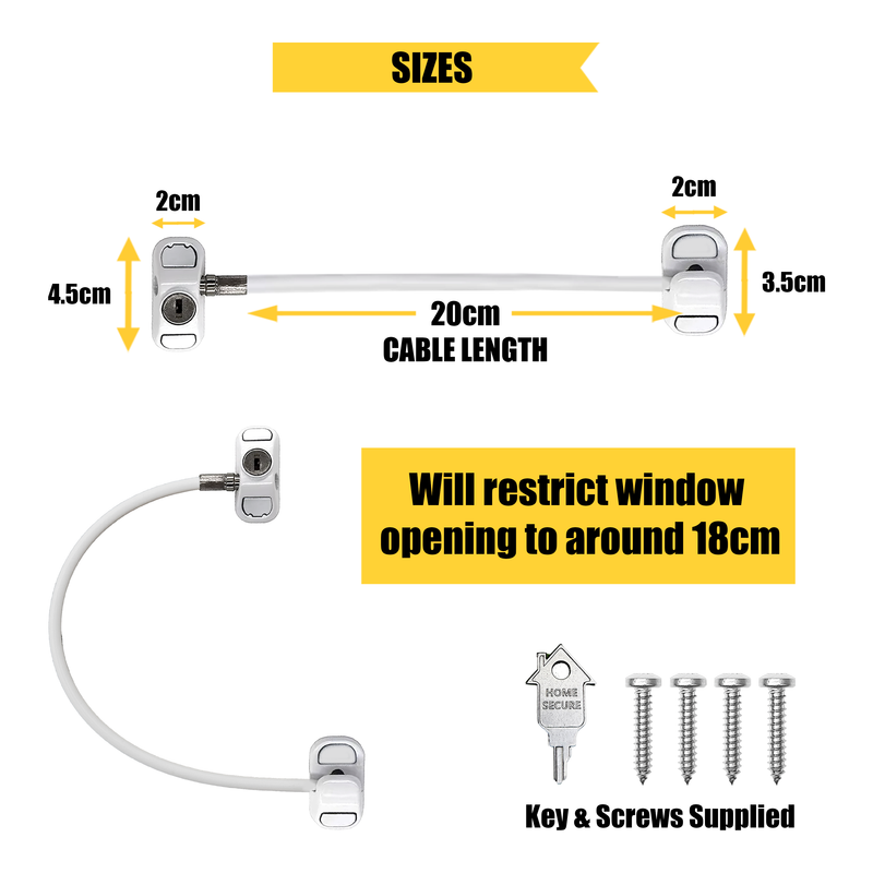 Home Secure™ Cable Restrictor Lock. Key locking Window Security & Safety Lock - White