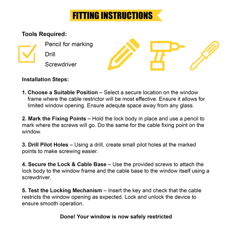 Home Secure™ Cable Restrictor Lock. Key locking Window Security & Safety Lock - White