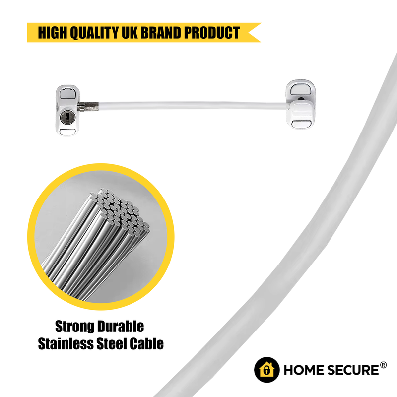 Home Secure™ Cable Restrictor Lock. Key locking Window Security & Safety Lock - White